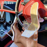 Christmas Gift Eilyken PVC Transparent Crystal Sun Flowers Buckle Womens Slippers Summer Square Toe Ladies Strange High Heels Sandals Shoes