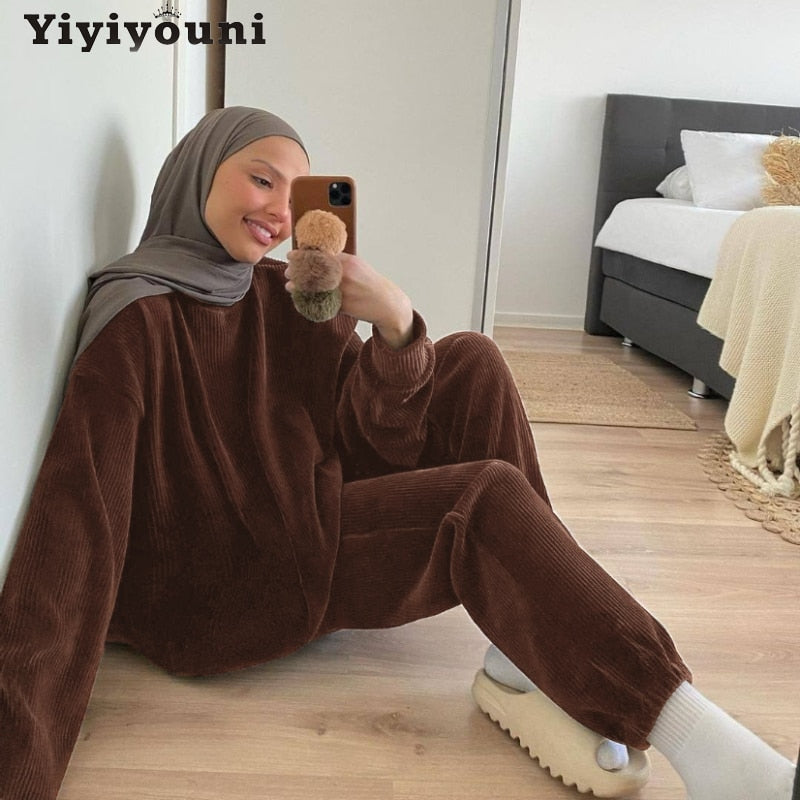 Christmas Gift Yiyiyouni Autumn Winter Corduroy Tracksuits 2 Pieces Pants Sets Women Velvet Oversized Pullovers and Sweatpants Female Outfits