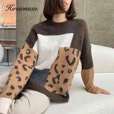 Christmas Gift Hirsionsan Leopard Patchwork Cashmere Sweater Women Loose Casual Knitted Pullovers Autumn Soft Knitwear Female Retro Jumper