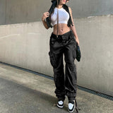 Kukombo Light Brown Big Pockets Casual Cargo Pants Women Low Waist Wide Leg Baggy Denim Trousers Vintage Oversized Jeans Street