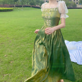 Kukombo Summer Elegant Green Dress Women French Vintage Lace Patchwork Sweet Dresses Princess Midi Short Sleeve Holiday Dresses 2022