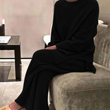 Kukombo Christmas Gift Women Knitted Tracksuit Autumn Winter O-neck Sweater 2 Piece Set  Fashion Solid Ladies Pullover Tops  Wide Leg Pants Home Suit