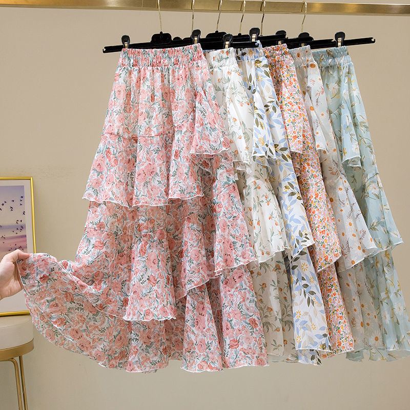 Kukombo Hot Sale Floral Skirt Women New Summer Sweet Ruffled A-Line Chiffon Long Skirt Woman Korean Clothing