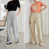 Kukombo Office Lady Drape Wide-leg Pants Women Summer 2022 Thin High-Waist Suit Pants Loose Hem Slit Casual Trousers