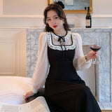Kukombo  French Vintage Midi Dress Women Lace Patchwork Party Elegant Princess Dress Female Long Sleeve One-Piece Dress Korean 2022 Sweet