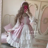 Kukombo Kawaii Lolita Maid Dress Pink Goth Gothic Birthday Party Dress Puff Sleeve Japanese Harajuku Ruffle Lace-Up Soft Girls