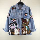 Christmas Gift New Autumn Women Denim Jacket Overcoat Sequins Beading Cartoon Jeans Jacket Vintage Casual Denim Coat Female Outwear Tops P655