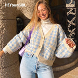 Christmas Gift HEYounGIRL Houndstooth Plaid Print Cardigan Women Autumn V Neck Vintage Knitted Crop Top Sweater Casual Loose Knitwear Winter