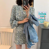 Christmas Gift  New 2021 Women Summer Autunm Dresses Floral Printed Vintage High Waist Korean Package Hip Lady Mini Dresses DR21107