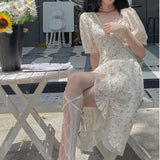 Kukombo Hstar Sweet Elegant Floral Party Dresses Women Print Puff Sleeve Boho Korea Irregular High Street Vintage Sundresses Summer 2022