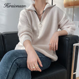 Christmas Gift Hirsionsan Zipper Turn-down Collar Autumn Sweaters Women Cashmere Soft Loose Solid Female Knited Pullovers 2021new Thick Jumper