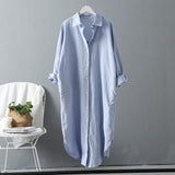 Christmas Gift Women Shirt Dress Cotton Linen Full Sleeve Casual Loose Spring Clothing Solid Color Button Up Calf-Length Dress