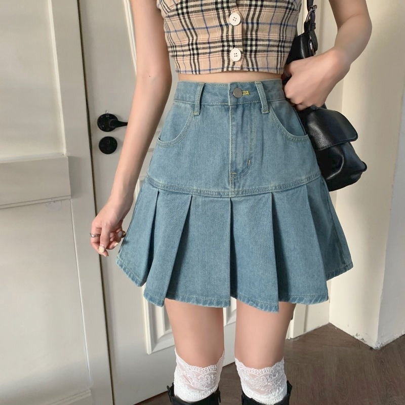 Kukombo  Casual Denim Mini Skirt Women Summer 2022 High-Waiste Harajuku Y2k Pleated Skirt Blue Japanese Korean Style Fashion Clothing New K122