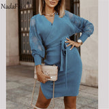 Nadafair V Neck Tunic Sweater Dress 2020 Mini Sexy Lace Parchwork Cut Autumn Winter Solid Knitted Elegant Party Dress Women