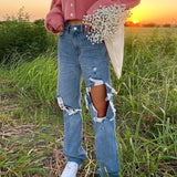Ripped Straight Women's jeans Baggy Vintage High Waist Boyfriends Mom Denim Distressed Streetwear 2022 Female