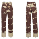 Kukombo Grey Brown Aesthetic High Waist Women's Straight Jeans Harajuku Baggy Tie Dye Print Casual Mom Denim Trouser Streetwear