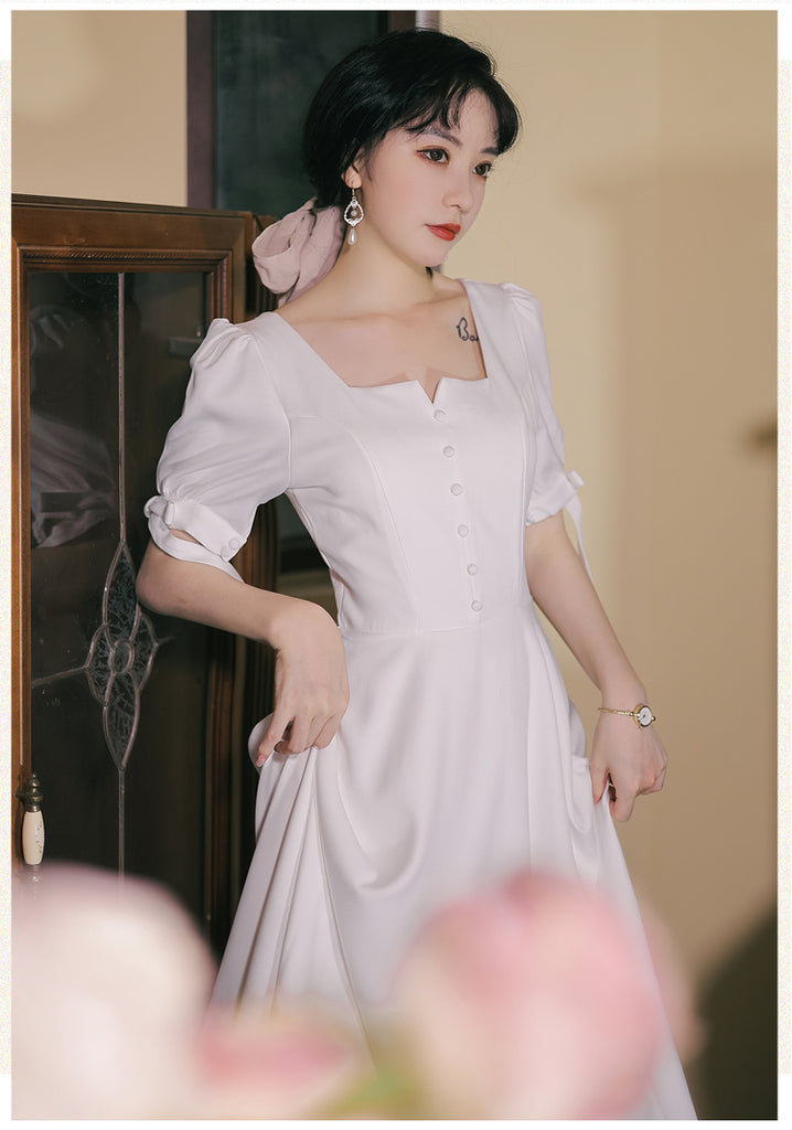 Kukombo Summer 2022 Puff Sleeve Chic Bowknot Square Neck White Dresses Retro Elegant Ladies Fashion Bridesmaid Dress Vestidos De Fiesta