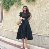 Kukombo Elegant Fashion Big Bow Party Dress Solid Color Short Puff Sleeve Dresses Female Vintage Korean Style Vestidos-0505