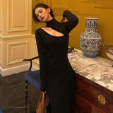 Cyber Monday Sales Elegant Slimming Sleeve Wear Black Women Autumn And Winter Elegant Slim Sleeve Dress Black Long Knitt Dress Women's Clothing