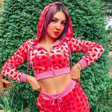 Cute Y2K Pink Velet Hoodies Long Sleeve Cropped Kawaii Pink Heart  90s Women's Vintage Sweatshirts Svitushot Zip Up Top 2021