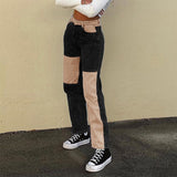 Kukombo Grey Patchwork Straight Mom Jeans Woman High Waist Pockets Boyfriend Classic Streetwear Black Pants Loose Denim