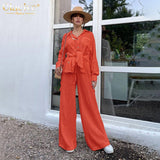 Kukombo Casual Loose Pink Two Piece Pants Set Women Fashion Long Sleeve Blouses Matching Wide Trousers Suit Lace-Up Pant Sets