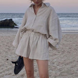 Kukombo  Women Two Piece Set Casual Long Sleeve Turn-Down Collar Cotton Linen Loose Blouse Shirts And High Waist Shorts Retro Tracksuit