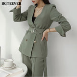 Christmas Gift BGTEEVER Elegant Women Blazer Suit Autumn Office Ladies Pant Suits V-neck Belted Blazer & Suit Pants 2021 Work Wear Female Sets