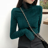 Kukombo Women's Soft Fleece Turtleneck Shirt Solid Long Sleeve Velvet T-Shirt Autumn Fitness Vintage Girls Bottom Tops Women Clothing