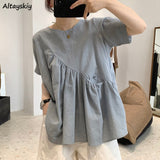 Christmas Gift Shirts Women O-neck Short Sleeve Pockets Asymmetrical Loose Solid Simple All-match Korean Style Daily Ladies A-line Female Tops