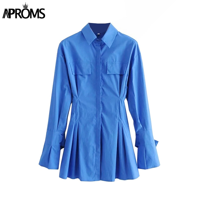 Christmas Gift Aproms Elegant Blue Cotton Shirt Dress Women Spring 2021 High Fashion Solid Color Flared Sleeve Bodycon Mini Dresses OL Vestidos
