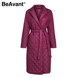 Kukombo Long straight coat with rhombus pattern Casual sashes women winter parka Deep pockets tailored collar stylish outerwear
