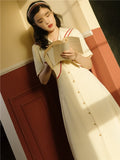Kukombo Japanese Soft Girl College Style Maxi Dress Summer Sweet Bowknot Navy Collar Single-Breasted French Retro Dress K154