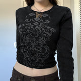 Kukombo Goth Dark Casual Vintage Printing Women T-Shirts Grunge E-Girl Long Sleeve Punk Cropped Tops Bodycon Ribbed Autumn Tees