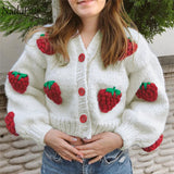 Nadafair Strawberry Embroidery Winter Thick Knitted Cardigans Coats Women Fashion Street Y2K Tops White Oversized Sweaters