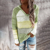 Kukombo 2022 New Female Hoodies Autumn Women Patchwork Hooded Sweater Long Sleeve V-neck Knitted Sweater Casual Striped Pullover Jumpers