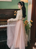 Kukombo 2 Piece Set Women Outfits Sweet Elegant Skirt Suit Flare Sleeve Cute Doll Collar Lace Shirt Top And Fairy High Waist Mesh Skirt K151