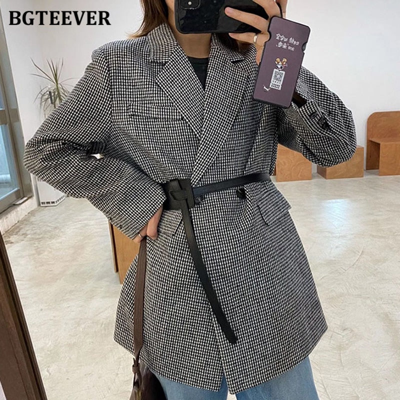 Christmas Gift BGTEEVER Autumn Winter Vintage Houndstooth Woolen Blazer Jackets for Women Double Breasted Belted Female Outwear with belt 2021