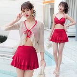 Kukombo 3 Piece Bikini Set Korean 2023 Cute Swimsuit Women Underwire Ruffle A-Line Skirt High Waist Bikini Cover Up See Through Bikinis