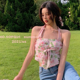 Kukombo Summer Beach Sexy Floral Crop Top Women Print Y2k Sweet Boho Party Casual Vest Backless High Street Cute Korean Halter Tops