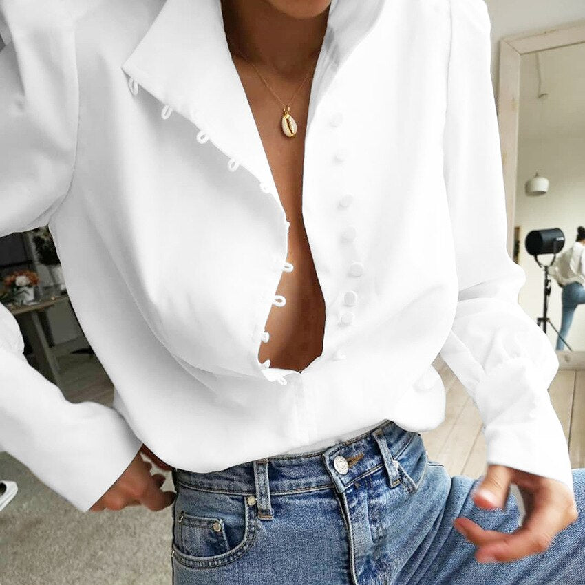 Kukombo Ladies Elegant Long Sleeve White Fall Blouse Shirt Women Top Casual Solid Single-Breasted Puff Sleeve Women Blouses