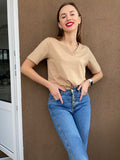 Christmas Gift Hirsionsan 100% Cotton Summer T Shirt Women Soft Short Sleeve  V Neck Female Tees Basic Kintwear Tops Harajuku Tshirt for Ladies