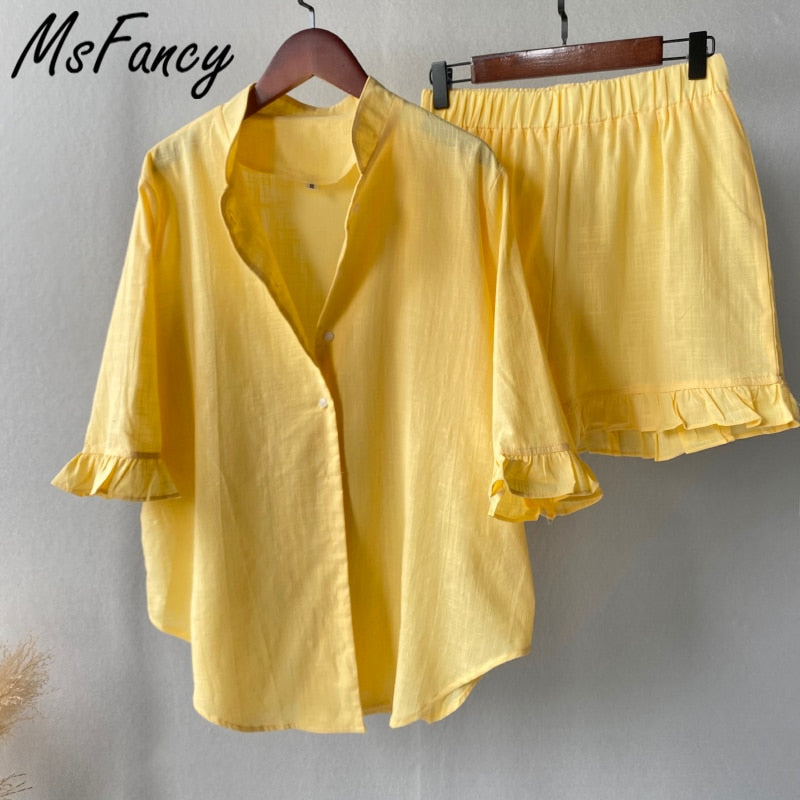 Christmas Gift Msfancy Summer Shorts Sets Women Cotton 2 Piece Set 2021 Mujer Stand Collar Shirt Half Sleeve Vintage Pajamas Suit