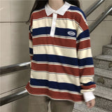 Black Friday Sales Retro Ins Stripe Hit Color Wild Loose Polo Collar Pullover Sweatshirt Women Loose Harajuku Street Korean Style Top Autumn