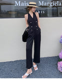 Summer Elegant Woman White Jumpsuits Outfit Office Overalls Vintage Double-Breasted V-Neck Sleeveless Halter Rompers Playsuits