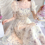 Kukombo Summer Chiffon Elegant Kawali Dress Women Floral Print Sweet Princess Casual Midi Dress Puff Sleeve Party Holiday Dress