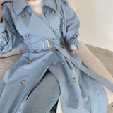 Kukombo Christmas Gift Autumn Winter Elegant Double Breasted Women Long Trench Coats Long Sleeve Loose Belted Split Female Blue Windbreaker