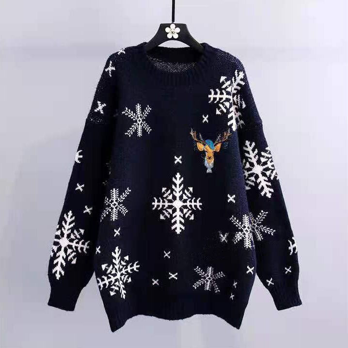 Christmas Gift Winter Sweater Women plus Size Embroidered Elk New Fashion Sweater Thick Loose Knitwear snowflake Red Pullover Christmas Sweater
