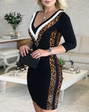 Kukombo Contrast Color Striped Tape Bodycon Dress Women Sexy V Neck Long Sleeve Party Dress