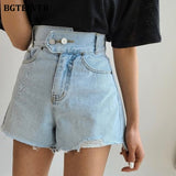 Christmas Gift BGTEEVER High Waist Double Button Jeans Shorts for Women 2021 New Summer Chic Ripped Edge Female Denim Shorts Casual Bottoms